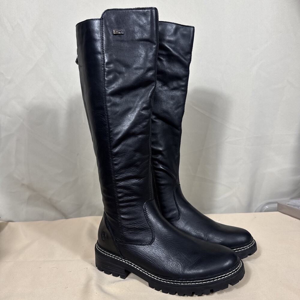 Remonte Womens 38 Black Leather Tall Knee High Boots Lug Sole Zip Riding Boots
